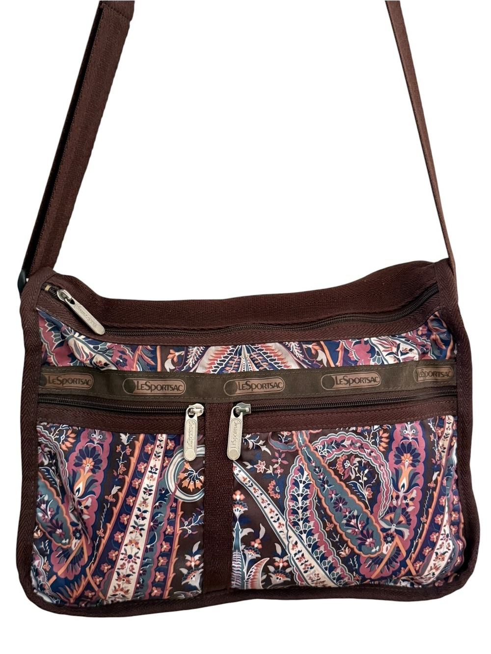 LeSportsac Shoulder Bag Brown Paisley Floral Lots of Zippered Pockets Purse